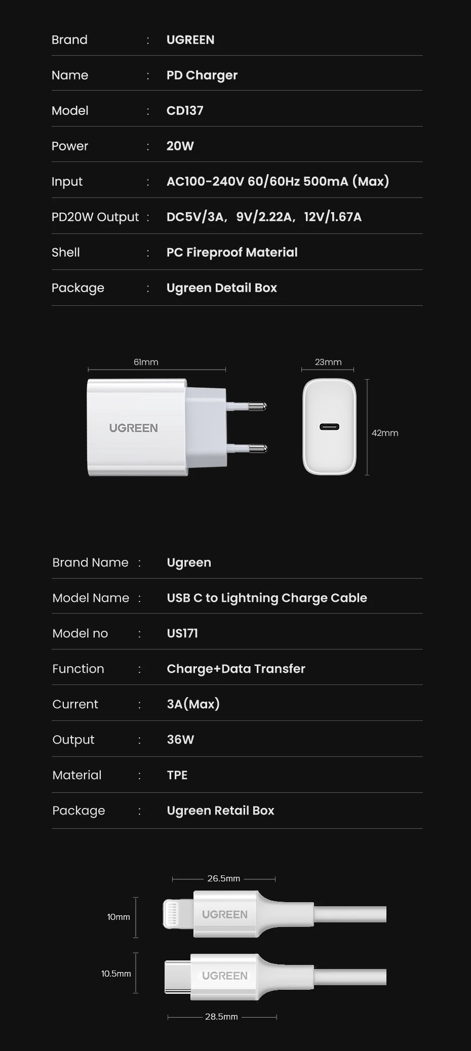 UGREEN Quick adapter charger 20W for iPhone 14 13 12