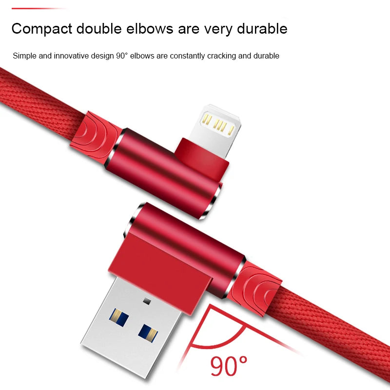 90 Degree Fast Charging USB Charger Cable For iPhone 14 13 12 11 Pro Max Xs X SE 2 6 6s 7 8 Plus iPad Origin Data Cord Long Wire