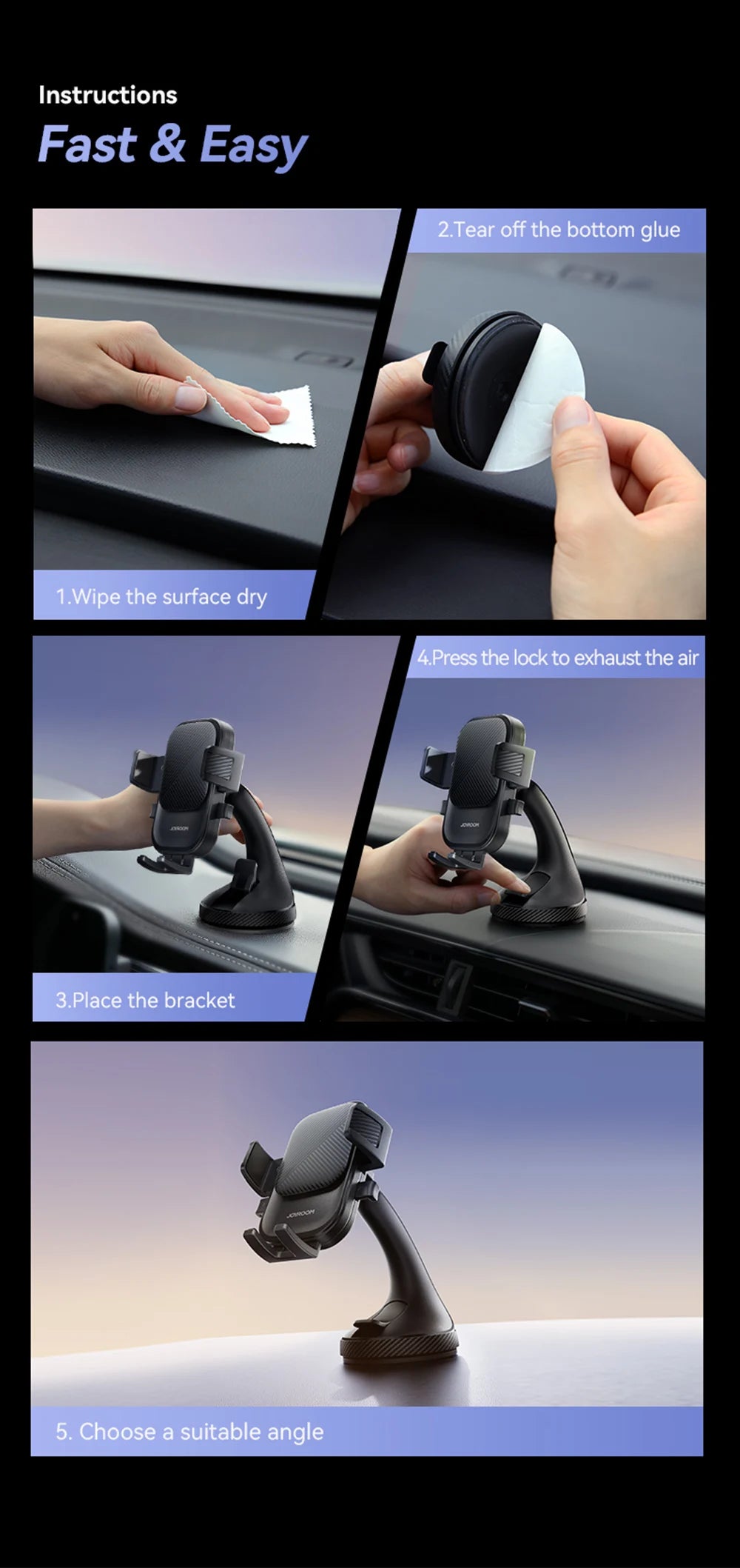 Joyroom Phone Holder Mount for Car Strong Suction Hands-Free Universal Cell Phone Mounts for Dashboard/Windshield 360° Rotation